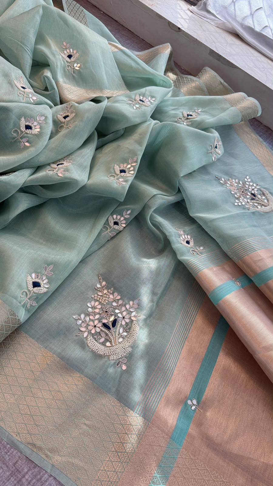 Pure Soft Tissue Linen Banarasi Saree | Zardozi & Kutdana Handwork Saree