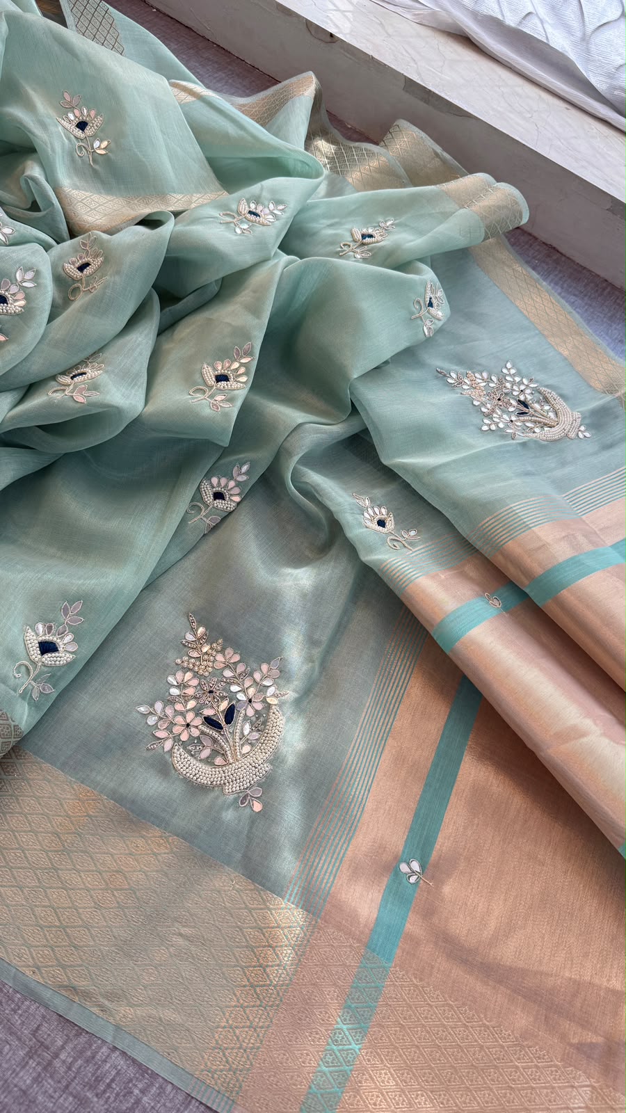 Pure Soft Tissue Linen Banarasi Saree | Zardozi & Kutdana Handwork Saree