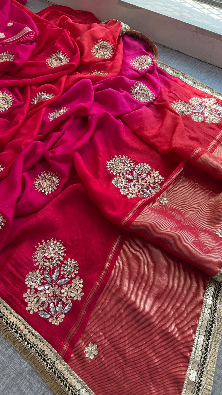 Dual Tone Silk Saree In Gota Aari Cutdana Work With Kiran Border
