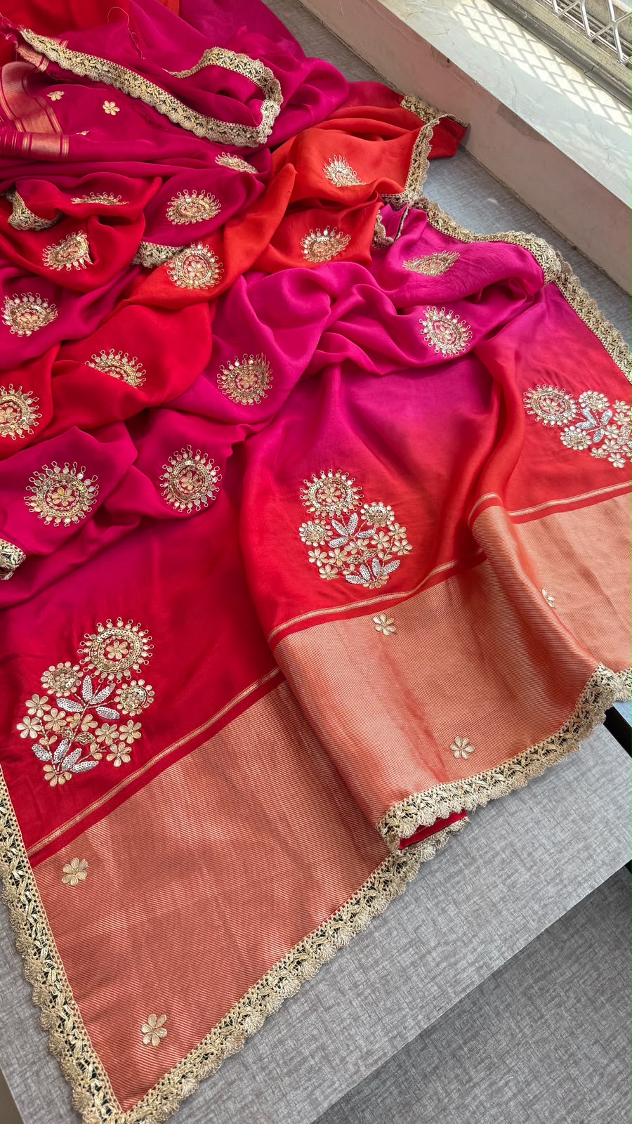 Dual Tone Silk Saree In Gota Aari Cutdana Work With Kiran Border