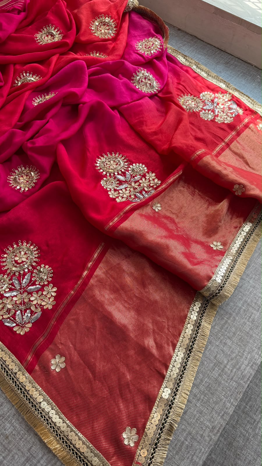 Dual Tone Silk Saree In Gota Aari Cutdana Work With Kiran Border