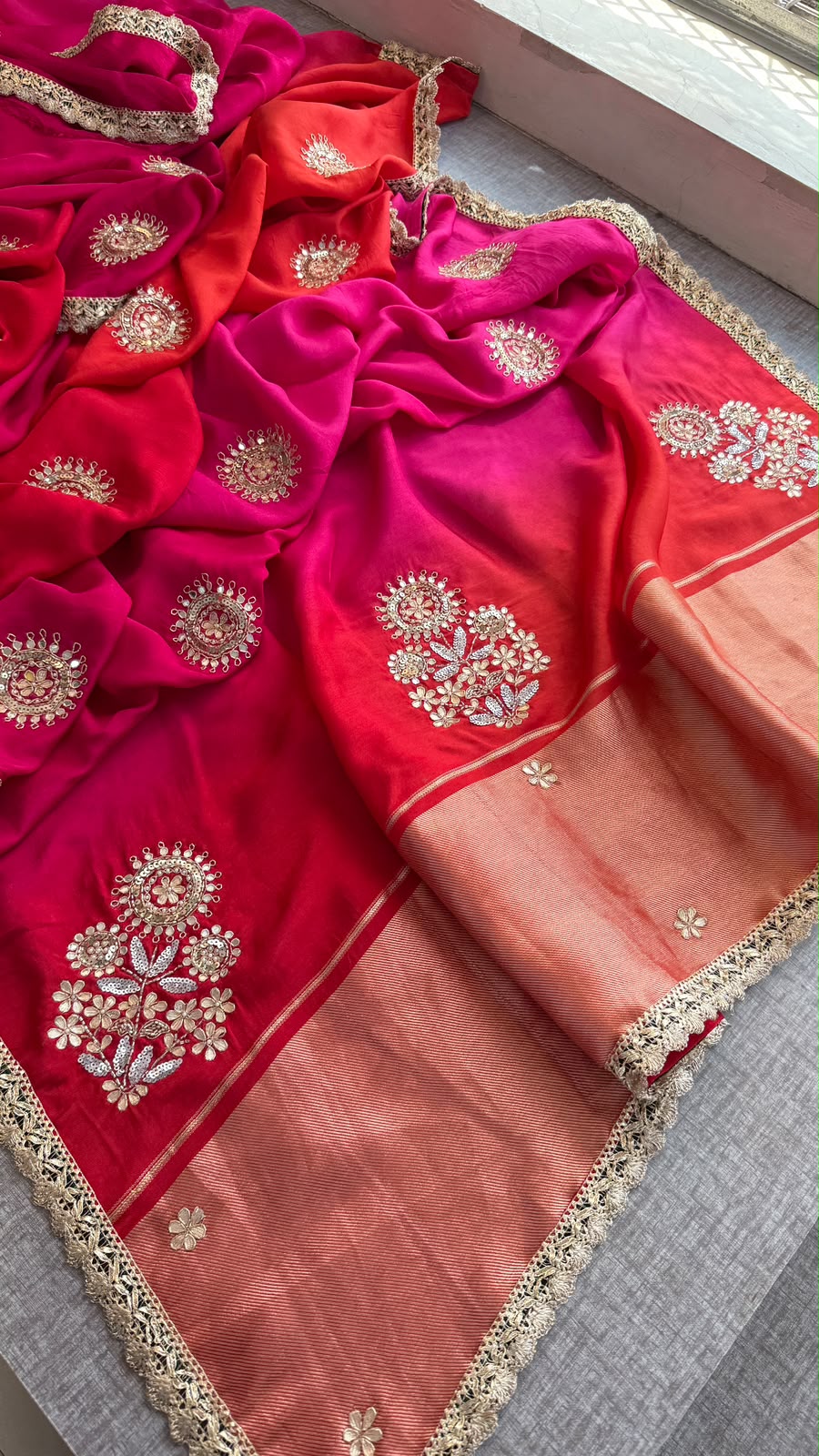 Dual Tone Silk Saree In Gota Aari Cutdana Work With Kiran Border