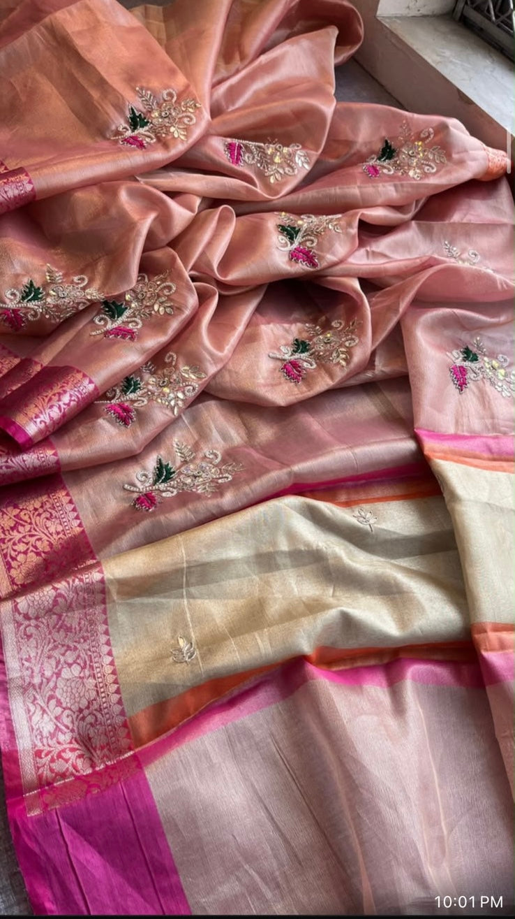 Pastel Tissue silk saree with Resham, Moti and Gotapatti work