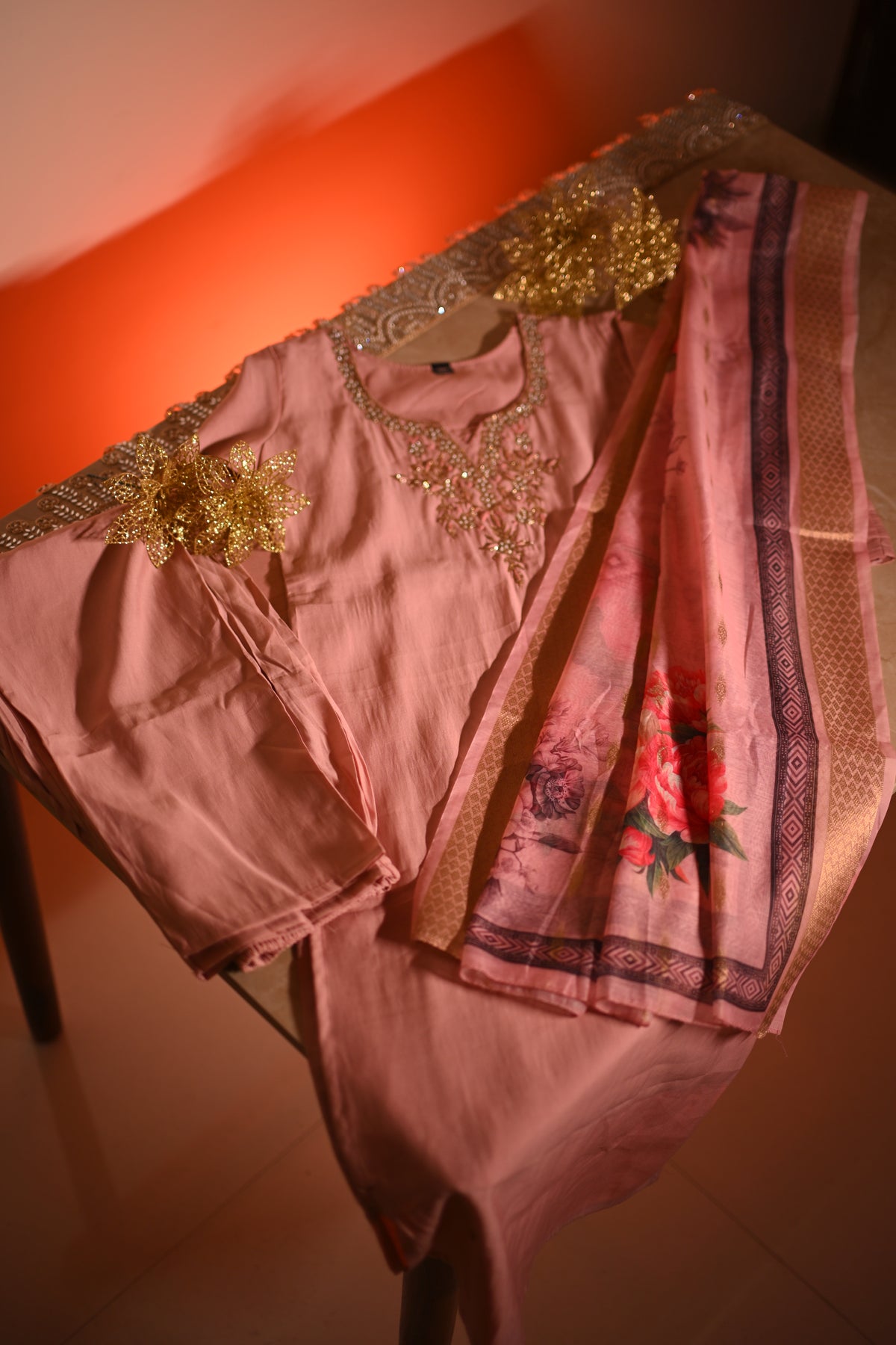 Powder Pink Suit set with floral dupatta
