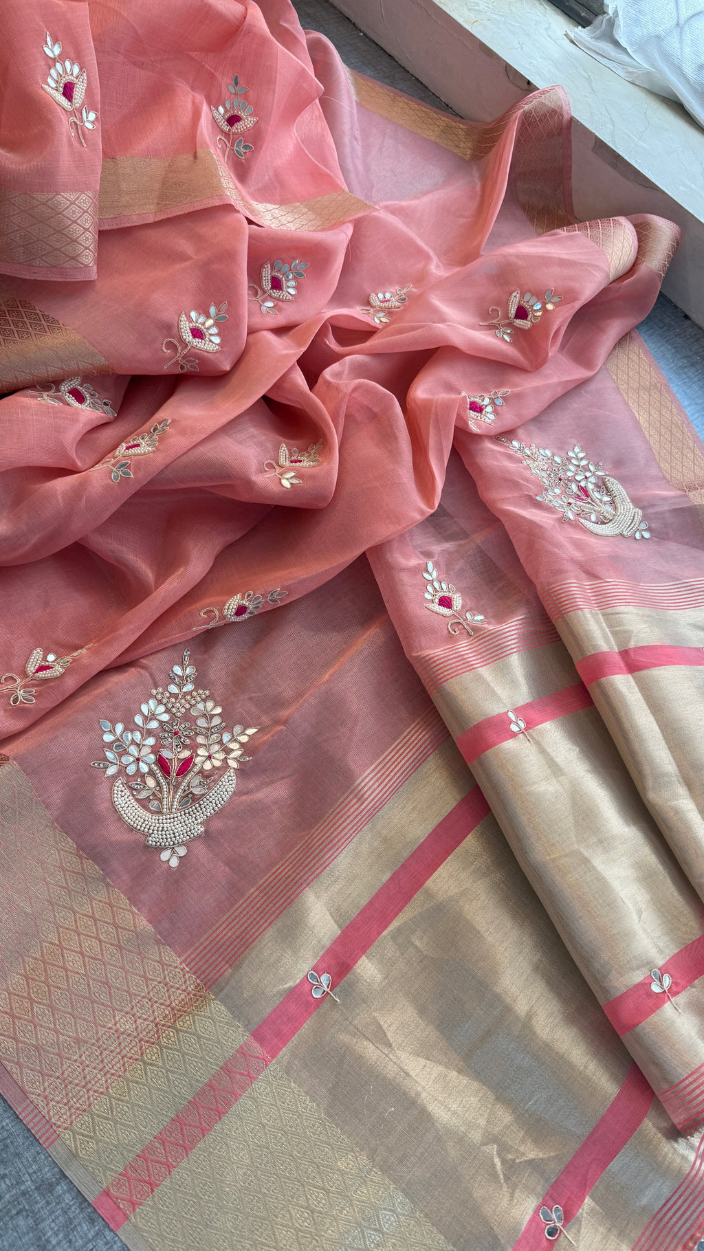 Pure Soft Tissue Linen Banarasi Saree | Zardozi & Kutdana Handwork Saree