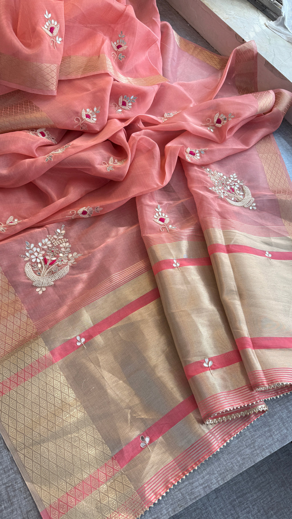 Pure Soft Tissue Linen Banarasi Saree | Zardozi & Kutdana Handwork Saree