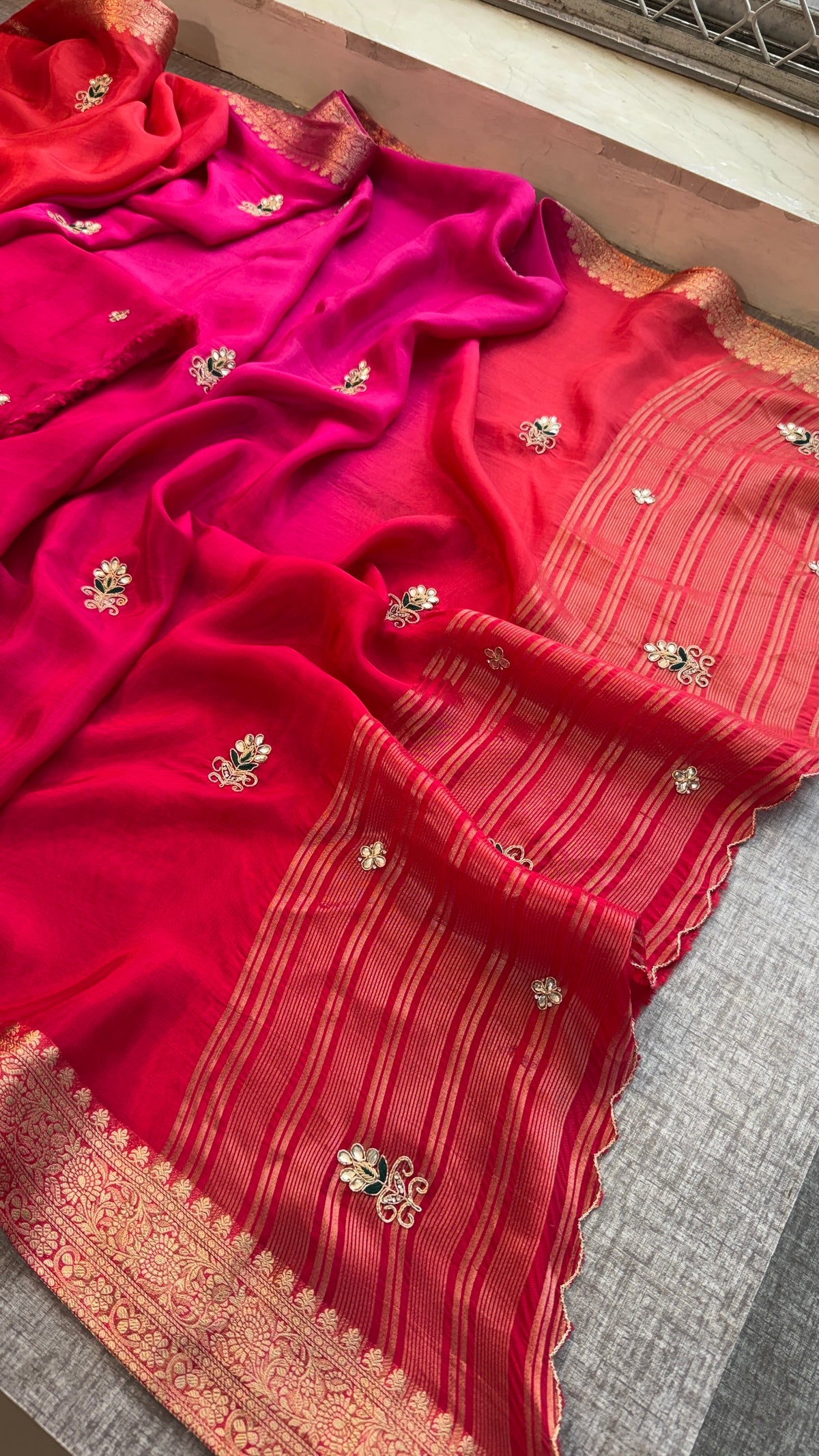 Banarasi Zari Border Silk Saree With Small Buttis